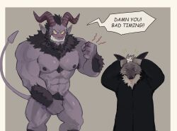 2boys abs angry bara biceps black_cloak blank_eyes blush chest_tuft clenched_hand clenched_teeth cloak colored_sclera crossed_bandaids demon demon_horns demon_tail english_text furry furry_male goat_horns highres horns injury k0bit0wani large_pectorals male_focus multiple_boys muscular muscular_male original pectorals pointy_ears simple_background tail tearing_up teeth tongue tongue_out tusks yellow_sclera