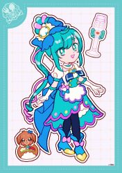 Rule 34 | 1girl, apron, aqua border, aqua choker, aqua eyes, aqua hair, aqua skirt, back bow, black pantyhose, blue boots, blue bow, blue bowtie, blue brooch, boots, border, bow, bow apron, bowtie, braid, braided hair rings, brooch, buttons, choker, cure spicy, deformed, delicious party precure, dot nose, dotted line, drill hair, elbow gloves, eyelashes, eyes visible through hair, footwear bow, frilled choker, frilled gloves, frills, full body, fuwa kokone, gloves, grey background, grid background, hair bow, hair ornament, hair rings, happy, heart, heart brooch, high heel boots, high heels, highres, jewelry, large bow, long hair, looking at viewer, loose hair strand, magical girl, medium skirt, multicolored hair, open mouth, outline, pam-pam, pantyhose, petticoat, pink bow, pink hair, precure, puffy short sleeves, puffy sleeves, shirt, short sleeves, side ponytail, side slit, signature, single hair ring, skirt, smile, standing, streaked hair, swept bangs, two-tone hair, uwded 207, very long hair, waist apron, wand, wavy hair, white apron, white gloves, white outline, white shirt