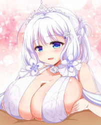 1boy 1girl afuro azur_lane bare_shoulders blue_eyes blush breasts breasts_squeezed_together censored cleavage dress elbow_gloves gloves hair_ornament hetero huge_breasts illustrious_(azur_lane) jewelry long_hair mole open_mouth paizuri penis ring shiny_skin solo_focus tiara white_gloves white_hair
