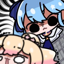 2girls :&lt; :3 angry ascot blonde_hair blue_ascot blue_hair checkered_clothes chibi chibi_only choker close-up commentary facing_viewer flower hair_bun hair_flower hair_ornament hair_ribbon highres hololive hoshimachi_suisei hoshimachi_suisei_(1st_costume) lulu_(lou_lou0323) momosuzu_nene multicolored_hair multiple_girls open_mouth partially_shaded_face ribbon scared sidelocks simple_background star_(symbol) star_choker star_ornament trembling two-tone_hair wavy_eyes