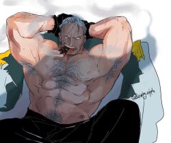 1boy abs armpit_hair armpits bara burning_nipple cigar facial_hair feet_out_of_frame hairy highres large_pectorals male_focus mature_male muscular muscular_male nipples one_piece pectorals short_hair smoke smoker_(one_piece) smoking solo spread_legs stitches stubble thick_navel_hair topless_male tsurime very_hairy white_hair