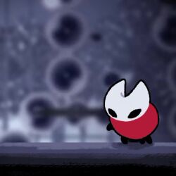 1girl alicezakat animated arthropod_girl audible_music backflip black_eyes black_skin blank_eyes blurry blurry_background chibi circular_saw cloak colored_skin english_text female_focus full_body grey_background hollow_knight hornet_(hollow_knight) in-universe_location jumping music red_cloak saw solo sound thank_you video