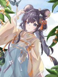 1girl :o animal animal_ears arknights arm_up belt bird black_eyes black_hair blouse blue_skirt blush braid chinese_commentary commentary hair_ornament hairclip highres leaf long_hair long_sleeves looking_up lutonada_(arknights) lutonada_(sending_thoughts)_(arknights) mouse_ears mouse_girl official_alternate_costume orange_belt parted_lips shirt skirt solo strap yellow_shirt zerosama_(sailuojiang)