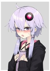 1girl ahoge black_jacket blush border collarbone commentary_request criss-cross_halter embarrassed frills full-face_blush grey_background halterneck hands_on_own_chest highres hood hooded_jacket jacket looking_at_viewer open_mouth purple_eyes purple_hair short_hair_with_long_locks sidelocks simple_background sleeves_past_wrists solo sweatdrop vocaloid voiceroid white_border yuzuki_yukari zooanime