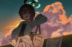 Rule 34 | 1girl, absurdres, ahoge, arm behind back, bag, black undershirt, blue archive, blue sky, braid, clothes around waist, cloud, cumulonimbus cloud, dark, dress shirt, dusk, green halo, halo, highres, jacket, mega suki, mole, mole under eye, neru (blue archive), neru (school uniform) (blue archive), official alternate costume, open clothes, open mouth, open shirt, orange hair, outdoors, red eyes, school bag, shirt, single braid, sky, solo, stairs, unfinished, white shirt