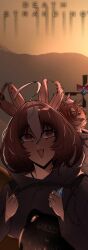 2girls ahoge animal_ears bodysuit brown_eyes brown_hair closed_eyes commentary cosplay death_stranding ear_wiggle english_commentary grey_bodysuit hair_between_eyes highres horse_ears horse_girl meisho_doto_(umamusume) multicolored_hair multiple_girls open_mouth peqq&#039;y_quodd&#039;y sam_porter_bridges sam_porter_bridges_(cosplay) short_hair smile streaked_hair t.m._opera_o_(umamusume) umamusume upper_body white_hair