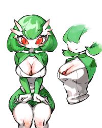 1girl bob_cut breasts cleavage collarbone colored_skin cropped_torso female_focus gardevoir gen_3_pokemon green_hair green_shorts green_shrug hands_on_own_thighs invisible_chair kobi_(pixiv_110113813) long_sleeves looking_at_viewer medium_breasts multiple_views nintendo pokemon pokemon_(creature) red_eyes shirt short_hair short_shorts shorts shrug_(clothing) simple_background sitting slit_pupils straight-on upper_body white_background white_shirt white_skin wide_hips