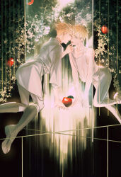 2boys absurdres apple blonde_hair boots brothers collarbone eye_contact floating food fruit highres incest looking_at_another male_focus millions_knives mole mole_under_eye multiple_boys pants short_hair siblings tank_top trigun trigun_stampede undercut vash_the_stampede white_pants white_tank_top yakikesen yaoi