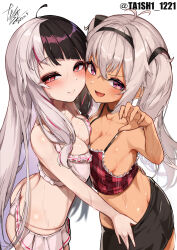 2girls absurdres ahoge antenna_hair ass bikini black_choker black_hair black_hairband black_skirt breast_press breasts butt_crack camisole cheek-to-cheek choker claw_pose closed_mouth crop_top crossed_bangs dark-skinned_female dark_skin dated fangs frilled_bikini frilled_camisole frills grey_hair hairband hands_on_another&#039;s_hips heads_together highres hug long_hair looking_at_viewer matsukai_mao medium_breasts midriff multi-strapped_bikini_bottom multicolored_hair multiple_girls nijisanji no_bra open_mouth plaid_camisole purple_eyes red_camisole red_eyes red_hair short_shorts shorts signature simple_background skirt smile split-color_hair streaked_hair string_bikini sweat swimsuit symmetrical_docking ta1sh1 tan twintails twitter_username very_long_hair virtual_youtuber white_background white_bikini yorumi_rena yorumi_rena_(7th_costume) yuri