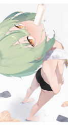1girl absurdres bare_shoulders black_panties blush breasts chunithm food from_above green_eyes hands_on_own_hips highres kisaragi_yaya looking_at_viewer mouth_hold panties popsicle simple_background sky_feather_(chunithm) small_breasts solo towel towel_around_neck underwear white_background yellow_eyes