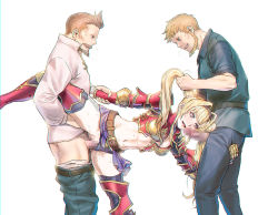 1girl 2boys armor azasuke beard belt bent_over black_panties black_thighhighs blue_eyes blush boobplate braid breastplate brown_belt censored clothes_pull clothing_aside facial_hair gauntlets grabbing_another&#039;s_hair granblue_fantasy grin group_sex hair_intakes hetero holding_another&#039;s_wrist long_hair miniskirt mmf_threesome mosaic_censoring multiple_boys mustache panties panties_aside pants pants_pull pauldrons penis purple_skirt pussy_juice rape sex shoulder_armor simple_background skirt smile spitroast spread_legs standing standing_sex tears thighhighs threesome twintails underwear vaginal white_background zeta_(granblue_fantasy)