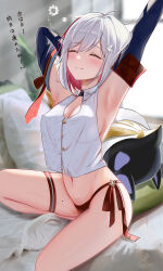 1girl arm_up armpits bare_shoulders breasts cleavage closed_eyes detached_sleeves hair_between_eyes highres honkai:_star_rail honkai_(series) kabu_usagi large_breasts medium_breasts mole mole_on_thigh multicolored_hair numby_(honkai:_star_rail) panties red_panties see-through_clothes see-through_shirt shirt short_hair smile streaked_hair thigh_strap thighs topaz_(honkai:_star_rail) trotter_(honkai:_star_rail) underwear white_hair