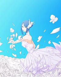 1girl alternate_hairstyle bare_shoulders blue_hair breasts dress flower katouko konan_(naruto) labret_piercing naruto_(series) naruto_shippuuden orange_eyes origami paper sleeveless solo white_dress