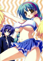 Rule 34 | 2girls, banchou, blue eyes, blue hair, blush, braid, breasts, brown eyes, cheerleader, cleavage, cleavage cutout, clothing cutout, covered erect nipples, daichi kaoru, delinquent, gakuran, green hair, hairband, ladies versus butlers!, large breasts, multiple girls, munyuu, navel, open mouth, ouendan, panties, pantyshot, pom pom (cheerleading), reverse trap, sarashi, school uniform, serafuku, shikikagami sanae, smile, striped clothes, striped panties, underboob, underwear, upskirt