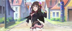 Rule 34 | 1girl, :d, belt, belt buckle, black cape, black shirt, blouse, bow, braid, breasts, brown belt, brown hair, buckle, building, cape, cleavage cutout, clothing cutout, cowboy shot, crown braid, day, game cg, hair between eyes, hair bow, hair ornament, hand up, highres, holding, holding wand, juliet sleeves, kono subarashii sekai ni shukufuku wo!, konosuba! fantastic days, large breasts, light blush, long hair, long sleeves, looking at viewer, low twintails, miniskirt, necktie, official art, open mouth, outdoors, outstretched arm, pink necktie, pink skirt, puffy sleeves, red bow, red eyes, road, shirt, short necktie, sidelocks, skirt, smile, solo, standing, street, tachi-e, twintails, v-shaped eyebrows, wand, yunyun (konosuba)