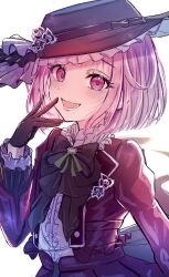 Rule 34 | 1girl, :d, aegyo sal, arm at side, backlighting, black bow, black bowtie, black hat, black jacket, black skirt, bob cut, bow, bowtie, center frills, choices for the future (project sekai), commentary, finger to cheek, flower, frilled hat, frilled sleeves, frills, hand up, hat, hat flower, highres, jacket, juliet sleeves, layered sleeves, long sleeves, lower teeth only, official alternate costume, ootori emu, open clothes, open jacket, open mouth, pink eyes, pink hair, project sekai, puffy sleeves, rose, shiromeshi0012, shirt, short hair, simple background, skirt, smile, solo, teeth, upper body, white background, white flower, white rose, white shirt