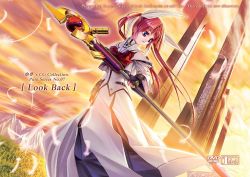 Rule 34 | 00s, 1girl, blue eyes, brown hair, dress, english text, engrish text, feathers, female focus, gloves, hair ribbon, long hair, lyrical nanoha, magical girl, mahou shoujo lyrical nanoha, nature, outdoors, purple eyes, raising heart, ranguage, ribbon, sky, solo, staff, takamachi nanoha, tom (1art.), twintails
