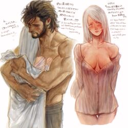 1boy 1girl beard biceps black_hair breasts clive_rosfield couple cropped_legs english_text facial_hair final_fantasy final_fantasy_xvi grey_hair highres hug jill_warrick kasuke_(li_tgknk) long_hair mixed-language_text muscular muscular_male no_bra off_shoulder partially_unbuttoned thighs topless_male