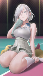 1girl chocorut fiona_frost highres pixiv short_hair sitting skirt solo spy_x_family sweatdrop towel wet white_hair wig