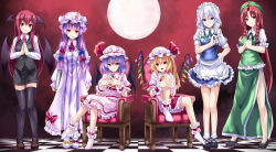 6+girls :o ankle_cuffs apron asu_hare asymmetrical_footwear bad_id bad_pixiv_id bat_wings beret blonde_hair blue_eyes blush book bow bowtie braid chair checkered_floor china_dress chinese_clothes clenched_hand crescent demon_girl dress embodiment_of_scarlet_devil female_focus flandre_scarlet floor frilled_dress frilled_skirt frills full_moon hair_bow hair_ribbon hat hat_ornament hat_ribbon head_wings highres hong_meiling izayoi_sakuya knife koakuma crossed_legs long_hair maid maid_apron maid_headdress mismatched_footwear moon multiple_girls necktie no_shoes own_hands_together patchouli_knowledge purple_eyes purple_hair red_eyes red_hair remilia_scarlet ribbon robe short_hair siblings side_braid side_slit silver_hair sisters sitting skirt smile socks star_(symbol) thighhighs touhou twin_braids vest waist_apron wings wrist_cuffs zettai_ryouiki