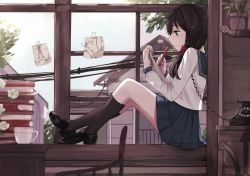 1girl antique_phone armchair black_eyes black_shoes black_socks blouse blue_skirt book book_stack bow brown_hair chair corded_phone cradling_phone crossed_ankles cup desk drawing expressionless female_focus flower flower_pot from_side full_body hair_bow hair_over_shoulder highres house indoors kneehighs knees_up levi9452 loafers long_hair long_sleeves note notebook original paper pencil phone plant pleated_skirt potted_plant power_lines profile rotary_phone shirt shoes sitting skirt socks solo tape teacup tree white_shirt window windowsill writing