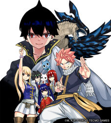 Rule 34 | acnologia, blonde hair, breasts, brown eyes, clenched teeth, dragon, dragon wings, erza scarlet, fairy tail, fairy tail logo, fantasy, grin, large breasts, long hair, looking at viewer, lucy heartfilia, mashima hiro, multiple girls, natsu dragneel, official art, pink hair, red eyes, scarf, sideless outfit, smile, spiked hair, tattoo, teeth, wendy marvell, white background, wings, zeref