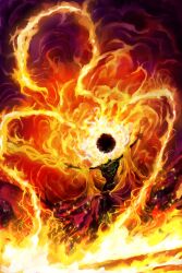 1boy alivewake coiled_sword commentary elden_ring elden_ring:_shadow_of_the_erdtree emaciated embers english_commentary fire flaming_head headless highres holding holding_knife holding_polearm holding_weapon knife male_focus midra_lord_of_frenzied_flame outstretched_arms polearm robe solo torn_clothes torn_robe weapon