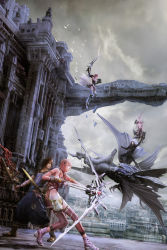 10s 2boys 2girls 3d armlet armor bahamut_(final_fantasy) belt black_hair bodysuit bow_(weapon) breastplate brown_hair brown_legwear caius_ballad city cloud crossbow dragon earrings feathers final_fantasy final_fantasy_xiii final_fantasy_xiii-2 gloves gunblade highres jewelry kaias lightning_farron multiple_boys multiple_girls noel_kreiss pink_hair pteruges serah_farron shoes short_hair sword thighhighs weapon white_legwear