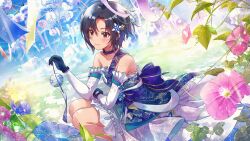 1girl black_eyes black_gloves black_hair bow choker closed_mouth commentary_request dress dress_bow floral_print_dress flower game_cg gloves hair_between_eyes hair_flower hair_ornament holding idolmaster idolmaster_(classic) idolmaster_million_live! idolmaster_million_live!_theater_days kikuchi_makoto official_art outdoors pink_flower print_dress purple_choker short_hair smile solo squatting strapless strapless_dress third-party_source