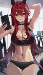 1girl arm_up armpits blurry blurry_background blush breasts choker cleavage commentary english_commentary goddess_of_victory:_nikke gym hair_intakes highres holding holding_phone horns indoors navel nike_(company) phone red_hair red_hood_(nikke) solo sports_bra sports_panties sweat thigh_gap tototo_sarada