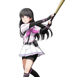 Rule 34 | 1girl, barkhorn0331, baseball bat, baseball uniform, belt, belt buckle, belt pouch, bike shorts under skirt, black belt, black gloves, black hair, black pouch, black shorts, black socks, black undershirt, buckle, cinderella series, feet out of frame, fingerless gloves, gloves, hachigatsu no cinderella nine, highres, holding, holding baseball bat, kneehighs, layered sleeves, long hair, long sleeves, looking ahead, metal baseball bat, miniskirt, nagai kanako, neckerchief, open mouth, pink neckerchief, pleated skirt, pouch, purple eyes, satogahama baseball uniform, shirt, shirt under shirt, short over long sleeves, short sleeves, shorts, simple background, single sidelock, skirt, socks, solo, sportswear, striped belt, striped clothes, striped shirt, vertical-striped clothes, vertical-striped shirt, white background, wristband