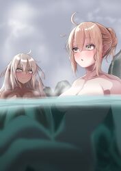 2girls ahoge bathing blonde_hair blush breasts convenient_censoring dark-skinned_female dark_skin fate/grand_order fate_(series) green_eyes hair_bun highres long_hair medium_breasts multiple_girls nigori_(keydoor) nude okita_souji_(fate) okita_souji_alter_(fate) short_hair sitting steam water wet white_hair yellow_eyes