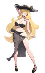 Rule 34 | 1girl, absurdres, alternate breast size, bare shoulders, bikini, black bikini, black sarong, blonde hair, breasts, cleavage, cynthia (pokemon), gonzarez, hair ornament, hair over one eye, hat, high heels, highres, jewelry, long hair, looking at viewer, navel, necklace, nintendo, open mouth, pokemon, pokemon dppt, sarong, see-through clothes, see-through sarong, simple background, smile, solo, stomach, sun hat, swimsuit, very long hair