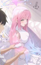 1boy 1girl awa_(awao141) black_hair blue_archive blush breasts brushing_hair closed_mouth dress feathered_wings hair_brush highres holding holding_hair_brush long_hair mika_(blue_archive) no_eyes open_mouth pink_hair shaded_face shirt short_hair sidelocks sleeveless sleeveless_dress sleeves_rolled_up smile white_dress white_shirt wings yellow_eyes