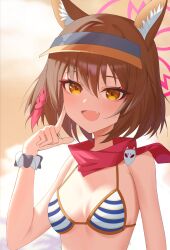 1girl absurdres animal_ear_fluff animal_ears bare_shoulders bikini blue_archive breasts brown_hair commentary eyeshadow fang finger_to_cheek fox_ears halo highres izuna_(blue_archive) izuna_(swimsuit)_(blue_archive) jei_(user_tckk7448) looking_at_viewer makeup official_alternate_costume open_mouth pink_eyeshadow pink_halo pink_scarf scarf scrunchie short_hair skin_fang small_breasts smile solo striped_bikini striped_clothes swimsuit upper_body visor_cap wrist_scrunchie yellow_eyes