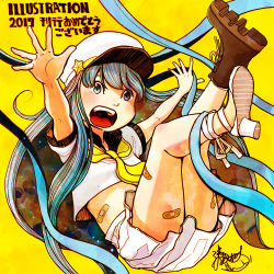 1girl 2017 arms_up asano_inio asymmetrical_footwear bandaid bandaid_on_leg bandaid_on_stomach blue_eyes blue_hair blue_ribbon blush boots brown_boots full_body hat high_heels illustration.media legs_up long_hair neckerchief open_mouth original pleated_skirt ribbon shirt short_sleeves simple_background skirt solo star_(symbol) uneven_footwear very_long_hair white_boots white_hat white_shirt white_skirt yellow_background yellow_neckerchief