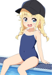 1girl :d aged_down baseball_cap black_hat blonde_hair blue_eyes blue_one-piece_swimsuit braid commentary competition_school_swimsuit covered_navel feet_out_of_frame flat_chest hat looking_at_viewer low_twintails mizusaki_johnko one-piece_swimsuit open_mouth paripi_koumei poolside school_swimsuit simple_background sitting smile soaking_feet solo swimsuit tsukimi_eiko twin_braids twintails white_background