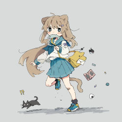 !? +_+ 1girl :3 ahoge animal_ears bag bandaid bandaid_on_knee bandaid_on_leg black_cat black_socks blue_neckerchief blue_sailor_collar blue_shoes blue_skirt brown_hair candy_wrapper cat commentary_request crop_top fish food food_in_mouth full_body fumiko_(rubra_plumeria) green_eyes grey_background hair_ornament hairclip handheld_game_console highres letter long_hair long_sleeves mouth_hold neckerchief nintendo_ds_lite onigiri original pill pleated_skirt sailor_collar school_uniform serafuku shirt shoes shoulder_bag simple_background skirt sneakers socks solo standing standing_on_one_leg tail white_shirt yellow_bag