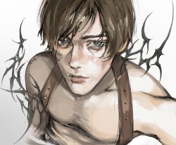 Rule 34 | 1boy, artist name, brown hair, commission, face piercing, grey eyes, highres, leon s. kennedy, light blush, lip piercing, lips, looking at viewer, male focus, parted bangs, piercing, resident evil, resident evil 4, resident evil 4 (remake), short hair, simple background, solo, toned, toned male, topless male, v3raxyy, white background