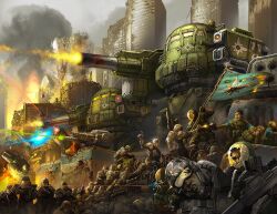 armor battle battletech broken_armor broken_goggles camouflage cannon city cityscape destruction eldoniousrex explosion fire firing flag green_armor grey_armor gun handgun holding holding_flag holding_gun holding_weapon laser mecha mecha_focus military military_vehicle missile_pod non-humanoid_robot outdoors robot rocket_launcher science_fiction smoke soldier turret urban urban_camouflage urbanmech walker_(robot) war weapon