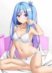 1girl :3 amano_miyako aqua_hair bare_shoulders bed bed_sheet blush bra breasts closed_mouth collarbone duel_monster hair_between_eyes long_hair navel panties pillow pink_hair purple_eyes rilliona_(yu-gi-oh!) sitting small_breasts smile solo stomach underwear white_bra white_panties witchcrafter_madame_verre yu-gi-oh!
