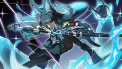1girl absurdres animal_ears aqua_jacket arm_out_of_sleeve black_boots black_gloves black_pantyhose black_skirt boots closed_mouth commentary_request drawing_sword fingerless_gloves fox_ears fox_girl gauntlets gloves highres holding holding_sword holding_weapon hoshimi_miyabi ice jacket katana looking_ahead orange_eyes pantyhose scabbard sheath single_fingerless_glove single_gauntlet skirt solo sword tailless_(zenless_zone_zero) unsheathing weapon yuyiosang zenless_zone_zero