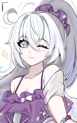 1girl ;) ahoge blue_eyes bracelet breasts cleavage collarbone commentary_request cutescookie high_ponytail highres honkai_(series) honkai_impact_3rd jewelry kiana_kaslana long_hair looking_at_another one_eye_closed ponytail purple_shirt shirt smile solo star-shaped_pupils star_(symbol) symbol-shaped_pupils upper_body very_long_hair white_background white_hair