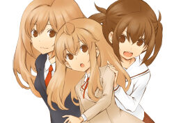 3girls :3 absurdres ahoge black_jacket blazer brown_eyes brown_hair brown_jacket closed_mouth collared_shirt hair_between_eyes hand_on_another&#039;s_shoulder hand_up highres huge_ahoge jacket leaning leaning_on_person light_brown_hair lone_nape_hair long_hair long_sleeves looking_at_viewer minami-ke minami_chiaki minami_haruka minami_kana multiple_girls neck_ribbon necktie official_art open_mouth pleated_skirt red_necktie red_ribbon red_skirt ribbon sailor_collar sakuraba_koharu school_uniform serafuku shirt sidelocks sideways_glance simple_background skirt smile standing teeth twintails upper_body upper_teeth_only v-shaped_eyebrows white_background white_sailor_collar white_serafuku white_shirt winter_uniform