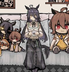 Rule 34 | 1girl, agnes tachyon (umamusume), ahoge, animal ears, animal print, ayana404, belt, black belt, black carpet, black ribbon, black skirt, brown hair, carpet, cat print, character doll, checkered carpet, closed mouth, couch, cross-laced hairband, crossed bangs, cup, doll, ear tag, earrings, eye trail, frilled shirt, frills, from behind, frown, grey carpet, hair between eyes, hands up, highres, holding, holding cup, horse ears, horse girl, horse tail, jewelry, jungle pocket (umamusume), light trail, long hair, long hair between eyes, long sleeves, looking at viewer, manhattan cafe (umamusume), medium hair, mug, multicolored hair, neck ribbon, on couch, painting (object), partially shaded face, plaid clothes, plaid skirt, print mug, red eyes, ribbon, shelf, shirt, shirt tucked in, single earring, sitting, skirt, smile, solo, tail, umamusume, upper body, very long hair, white hair, yellow eyes, yellow shirt