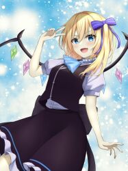 &gt;:) 1girl alternate_color alternate_eye_color bat_wings black_dress blonde_hair blue_background blue_bow blue_eyes blue_neckerchief blush bow breasts commentary_request crystal dress eyelashes fang flandre_scarlet hair_between_eyes hair_bow hand_up highres long_hair looking_at_viewer multicolored_wings neckerchief open_mouth pinstripe_bow puffy_sleeves rainbow_order shirt side_ponytail sidelocks slit_pupils small_breasts smile solo sparkle szl touhou v v-shaped_eyebrows v_over_eye vampire white_shirt wings