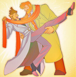 Rule 34 | 2boys, beard, belt, blonde hair, brown hair, cabanela, closed eyes, coat, dancing, facial hair, ghost trick, green coat, highres, jowd, kksns, long sleeves, male focus, multicolored hair, multiple boys, necktie, red necktie, scarf, shared clothes, shared scarf, sideburns, standing, streaked hair, sweatdrop, trench coat, white coat, yellow background