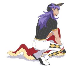 1boy baseball_cap black_gloves black_hat black_shirt cape ch_walnut dark-skinned_male dark_skin dynamax_band facial_hair fur-trimmed_cape fur_trim gloves goatee hat highres holding holding_unworn_cape holding_unworn_clothes kneeling leon_(pokemon) long_hair looking_back male_focus nintendo pants partially_fingerless_gloves patterned_clothing pinstripe_pattern pinstripe_shirt pokemon pokemon_swsh purple_hair red_cape shirt shoes short_sleeves shorts simple_background solo unworn_cape white_background white_shoes white_shorts yellow_eyes