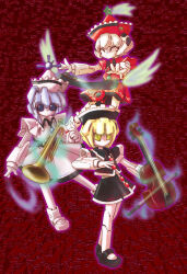 Rule 34 | 3girls, akicha, aura, blue eyes, crossover, holding, humanoid robot, instrument, keyboard (instrument), looking at viewer, lunasa prismriver, lyrica prismriver, mechanical dress, mechanical hair, mechanization, medarot, merlin prismriver, metal hair, metal skin, multiple girls, music, outline, playing instrument, purple outline, robot, robot girl, star (symbol), touhou, trumpet, violin, yellow eyes