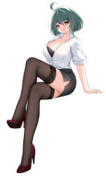 Rule 34 | 1girl, absurdres, ahoge, black bra, black skirt, bra, bra peek, breasts, brown thighhighs, catnnn, cleavage, collarbone, collared shirt, crossed legs, dead or alive, full body, green hair, hair between eyes, high heels, highres, lace, lace-trimmed thighhighs, lace trim, large breasts, looking at viewer, panties, pantyshot, pencil skirt, red shoes, shirt, shirt tucked in, shoes, short sleeves, simple background, sitting, skirt, solo, tamaki (doa), thighhighs, underwear, white background, white panties, yellow eyes